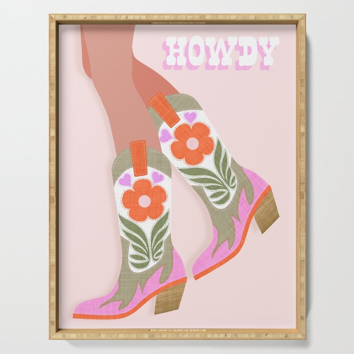 Cowgirl boots Howdy on soft pink Serving Tray Gallery Image 1