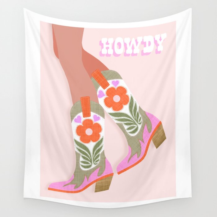 Cowgirl boots Howdy on soft pink Wall Tapestry Gallery Image 1