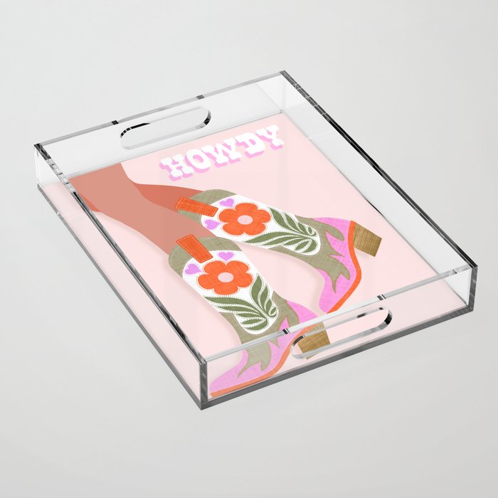 Cowgirl boots Howdy on soft pink Acrylic Tray Gallery Image 1