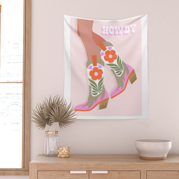 Cowgirl boots Howdy on soft pink Wall Tapestry Gallery Image 2