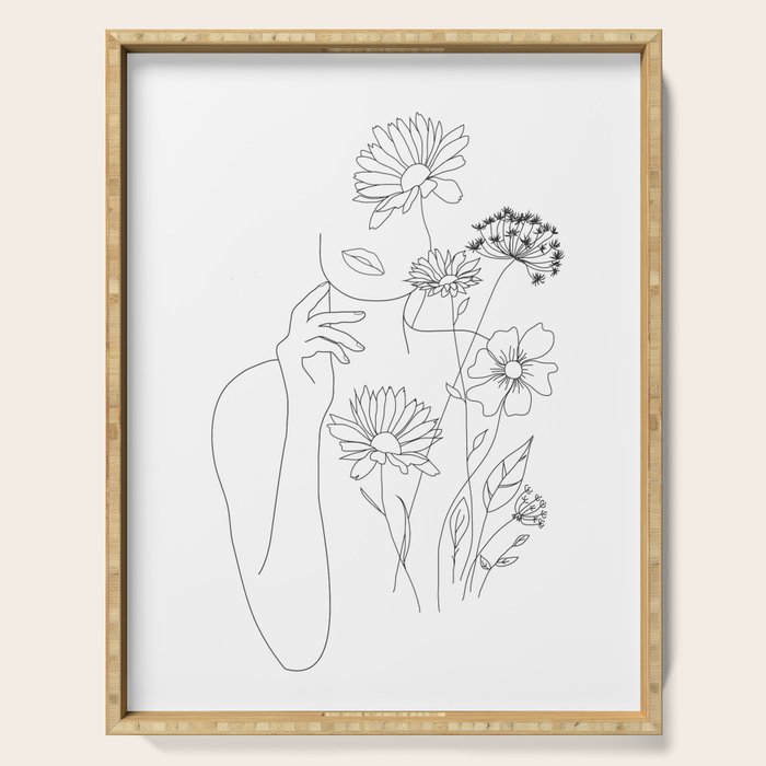 Minimal Line Art Woman with Flowers III Serving Tray Gallery Image 1
