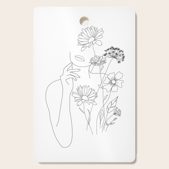 Minimal Line Art Woman with Flowers III Cutting Board Gallery Image 1
