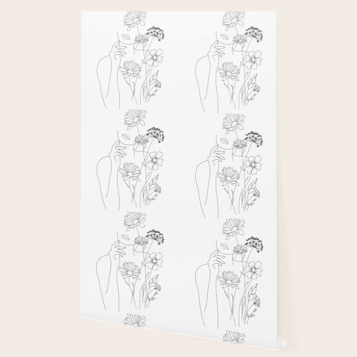 Minimal Line Art Woman with Flowers III Wallpaper Gallery Image 2