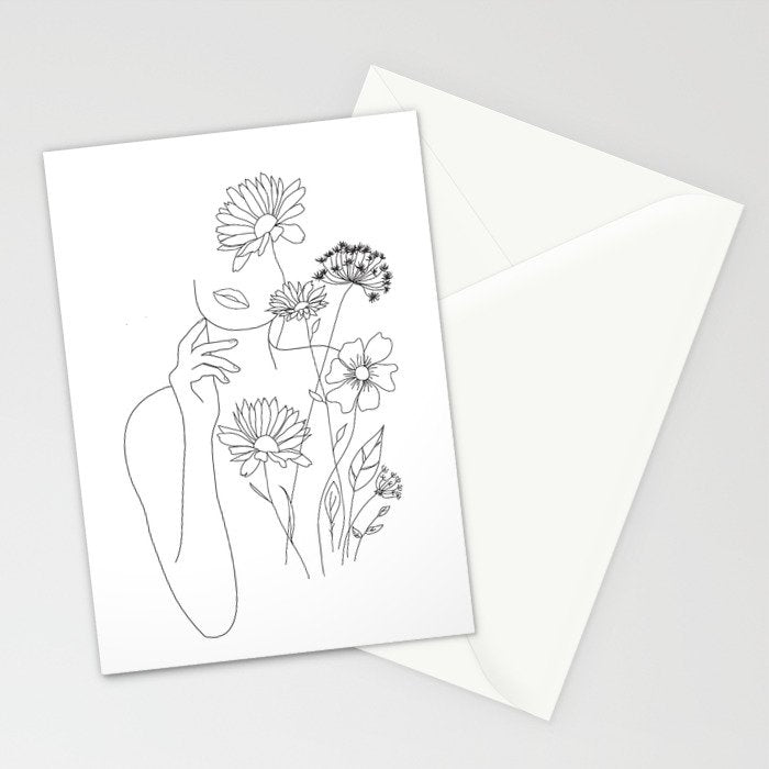 Minimal Line Art Woman with Flowers III Stationery Card Gallery Image 2