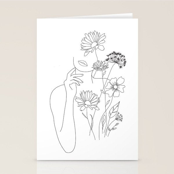 Minimal Line Art Woman with Flowers III Stationery Card Gallery Image 2