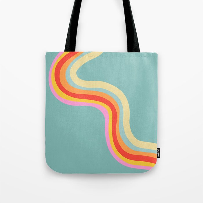 Groovy 70s Retro Rainbow Flow on Blue Tote Bag Gallery Image 1