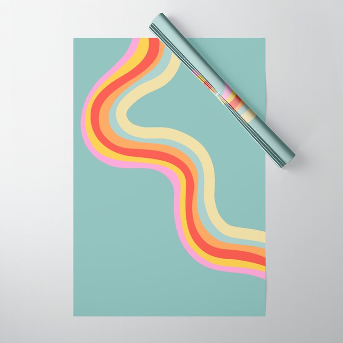 Groovy 70s Retro Rainbow Flow on Blue Wrapping Paper Gallery Image 1