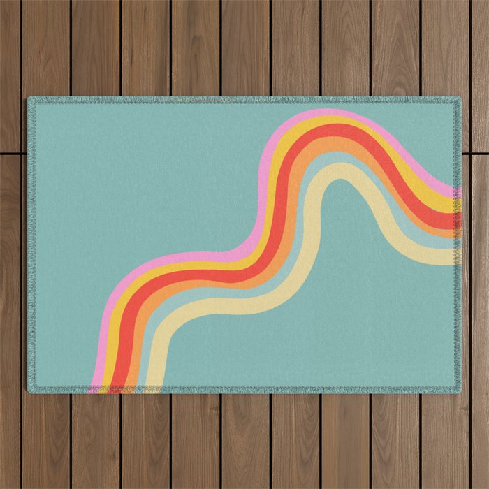 Groovy 70s Retro Rainbow Flow on Blue Outdoor Rug Gallery Image 1
