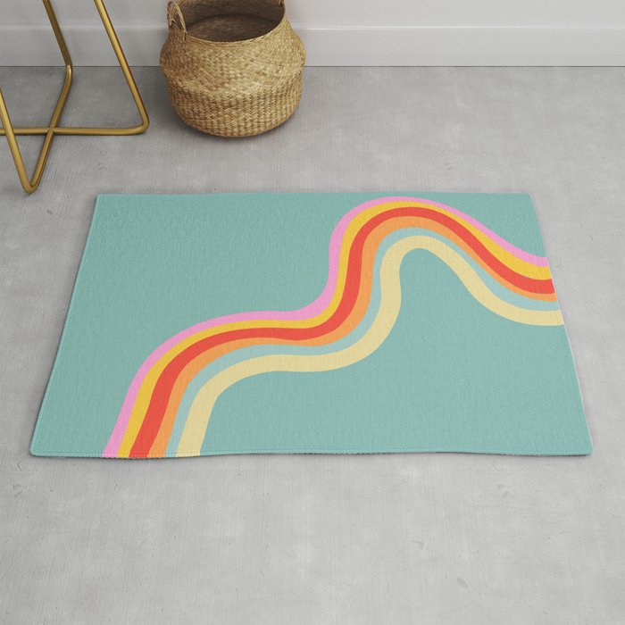 Groovy 70s Retro Rainbow Flow on Blue Rug Gallery Image 1
