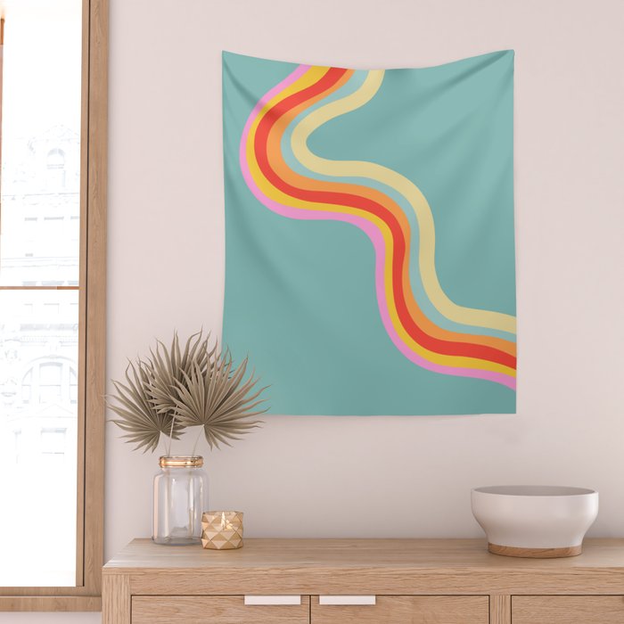 Groovy 70s Retro Rainbow Flow on Blue Wall Tapestry Gallery Image 2