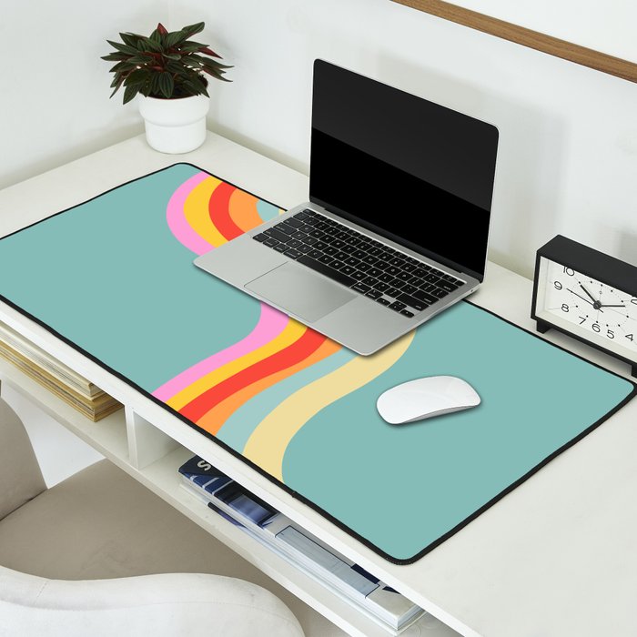 Groovy 70s Retro Rainbow Flow on Blue Desk Mat Gallery Image 2