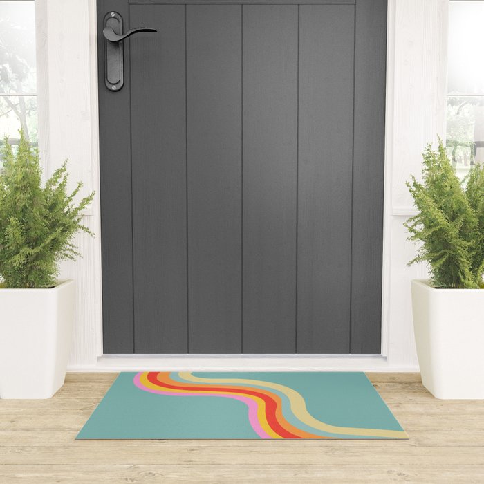 Groovy 70s Retro Rainbow Flow on Blue Welcome Mat Gallery Image 3
