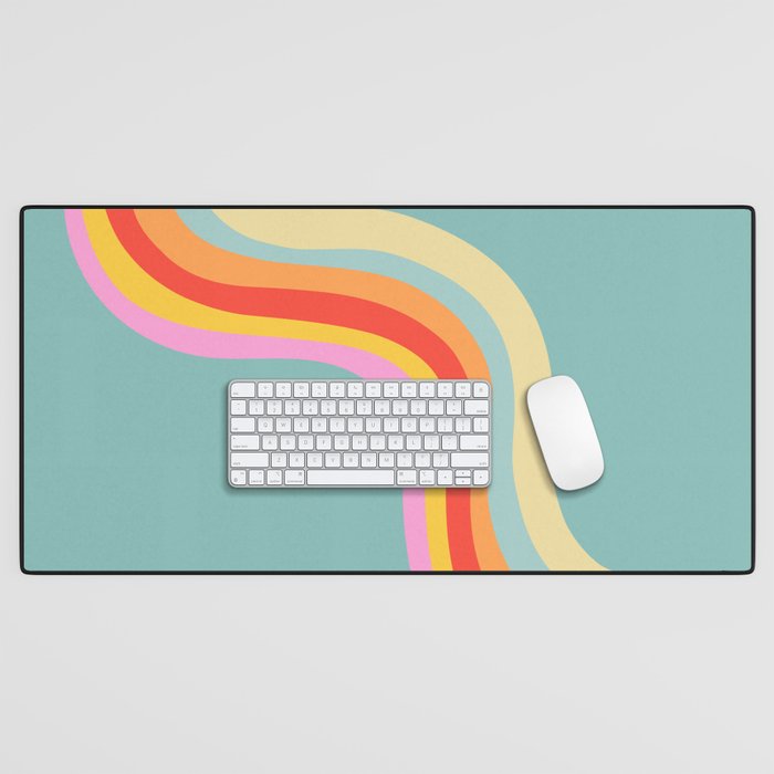 Groovy 70s Retro Rainbow Flow on Blue Desk Mat Gallery Image 1