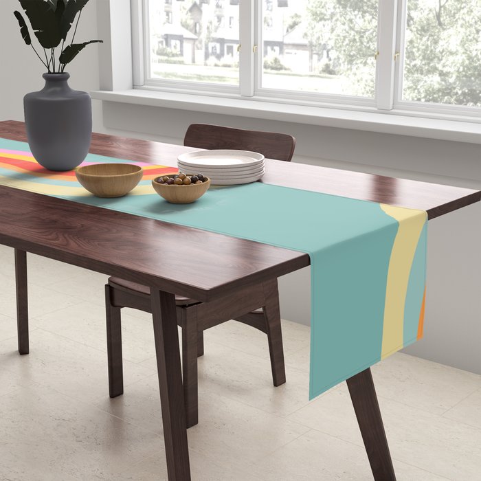 Groovy 70s Retro Rainbow Flow on Blue Table Runner Gallery Image 2