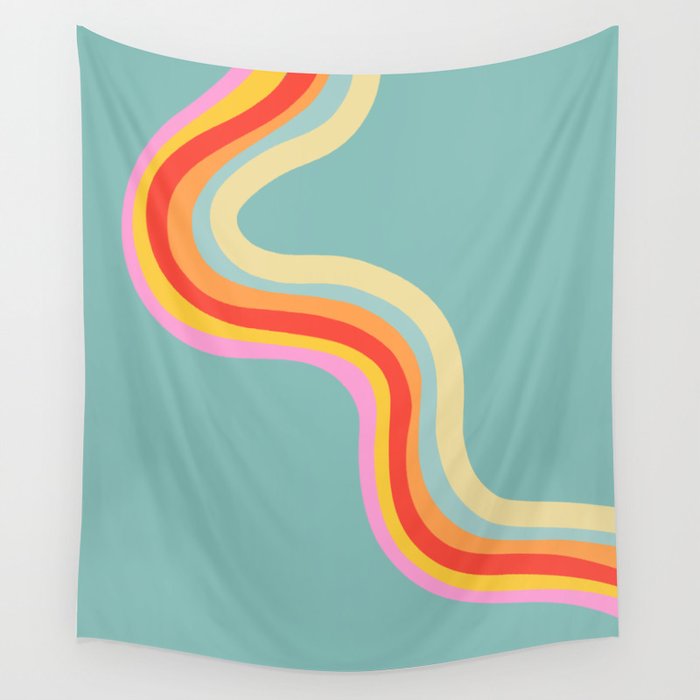 Groovy 70s Retro Rainbow Flow on Blue Wall Tapestry Gallery Image 1