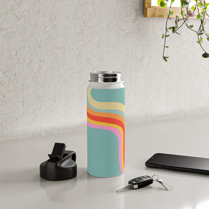 Groovy 70s Retro Rainbow Flow on Blue Water Bottle Gallery Image 4