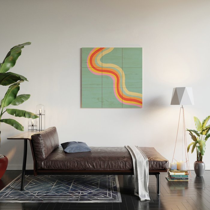 Groovy 70s Retro Rainbow Flow on Blue Wood Wall Art Gallery Image 2