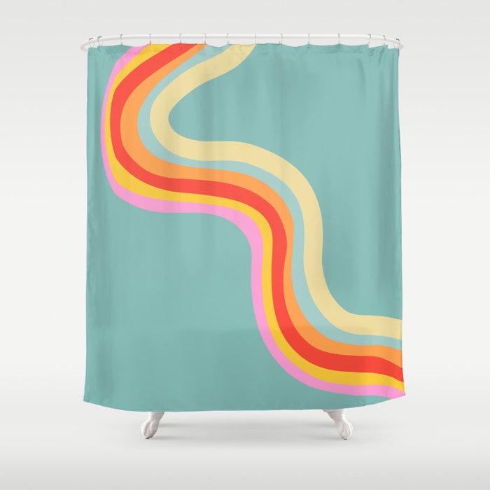 Groovy 70s Retro Rainbow Flow on Blue Shower Curtain Gallery Image 1