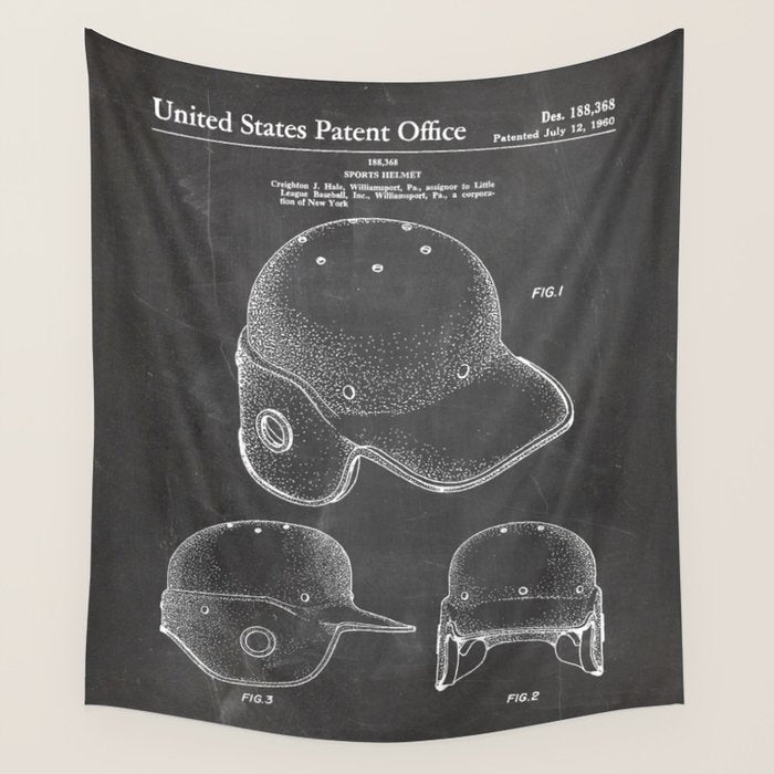 Baseball Helmet Patent - Baseball Player Art - Black Chalkboard Wall Tapestry Gallery Image 4
