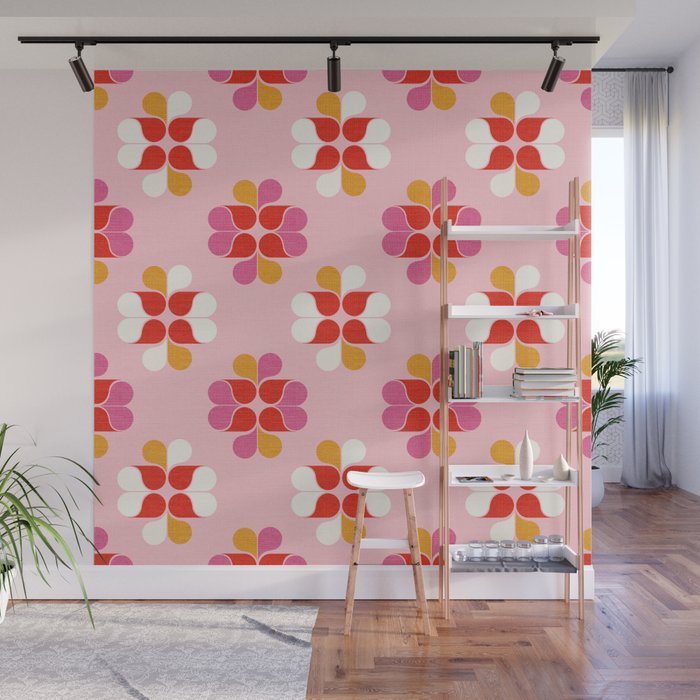 Retro Floral Pattern in Pink, Red, and Orange Wall Mural Gallery Image 1