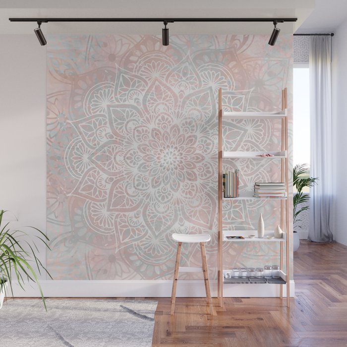 Mandala, Yoga, Love, Coral and Gray, Wall Art Boho Wall Mural Gallery Image 1