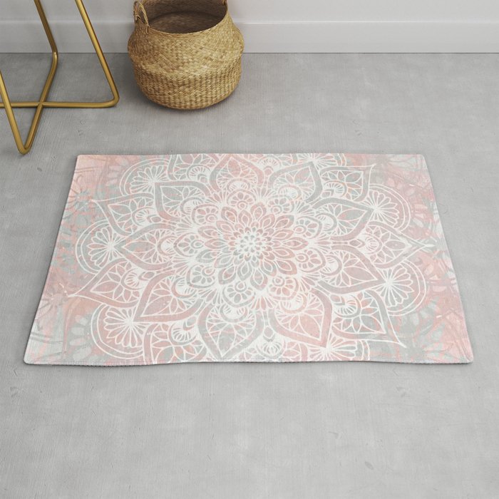 Mandala, Yoga, Love, Coral and Gray, Wall Art Boho Rug Gallery Image 1