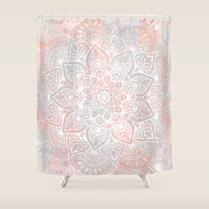 Mandala, Yoga, Love, Coral and Gray, Wall Art Boho Shower Curtain Gallery Image 1