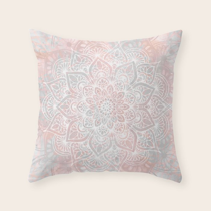 Mandala, Yoga, Love, Coral and Gray, Wall Art Boho Throw Pillow Gallery Image 1