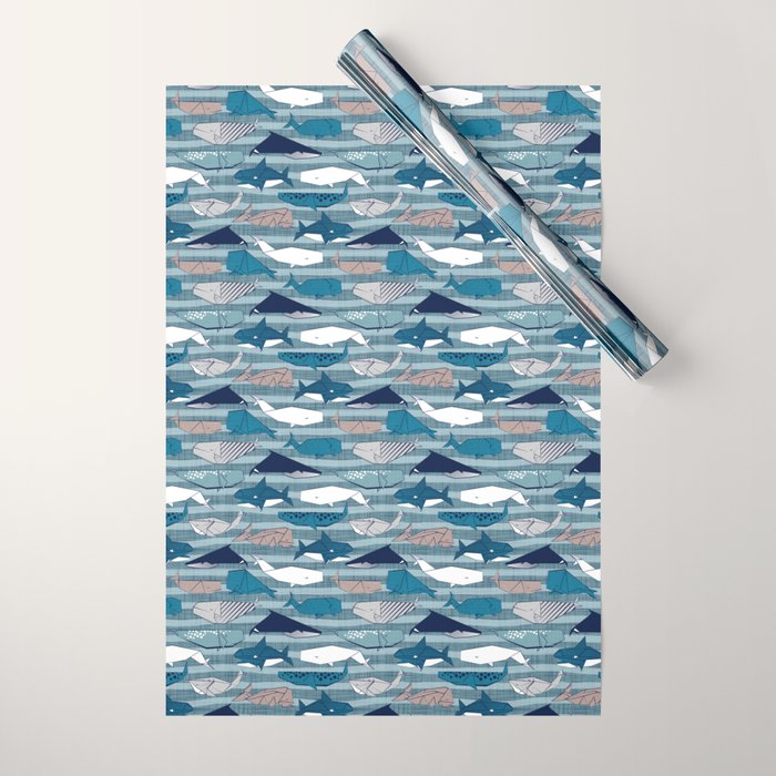 Origami Sea // linen texture and nautical stripes background teal white and taupe whales Wrapping Paper Gallery Image 1
