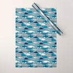 Origami Sea // linen texture and nautical stripes background teal white and taupe whales Wrapping Paper Gallery Image 1