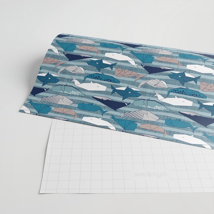 Origami Sea // linen texture and nautical stripes background teal white and taupe whales Wrapping Paper Gallery Image 2