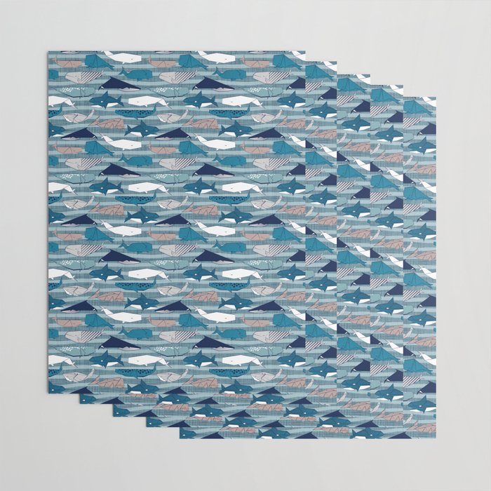 Origami Sea // linen texture and nautical stripes background teal white and taupe whales Wrapping Paper Gallery Image 3