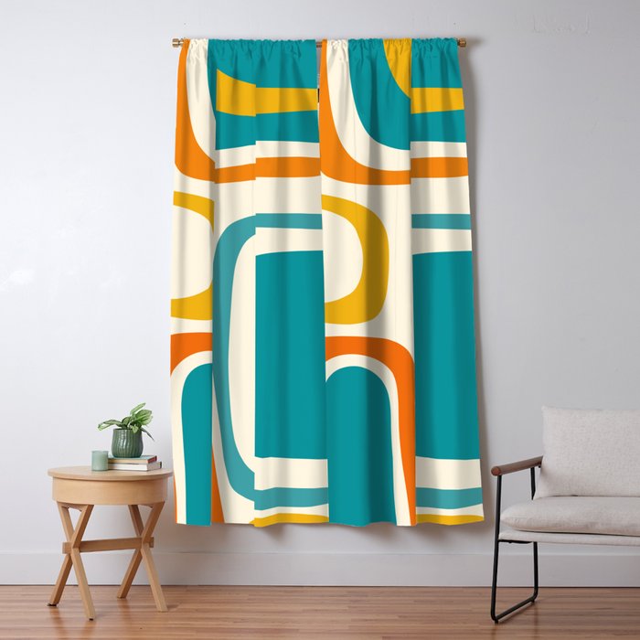 Palm Springs Mid Century Modern Abstract Pattern Orange Mustard Teal Cream Window Curtain Gallery Image 5
