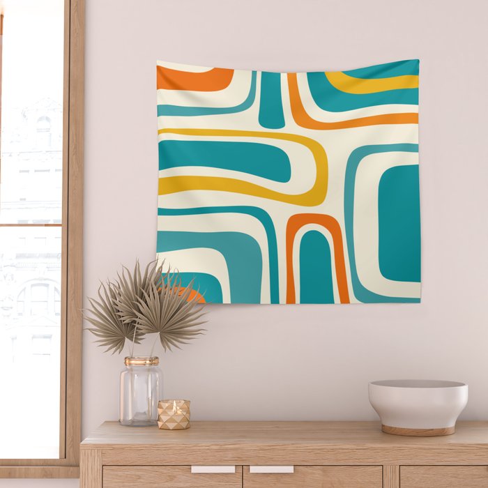 Palm Springs Mid Century Modern Abstract Pattern Orange Mustard Teal Cream Wall Tapestry Gallery Image 2