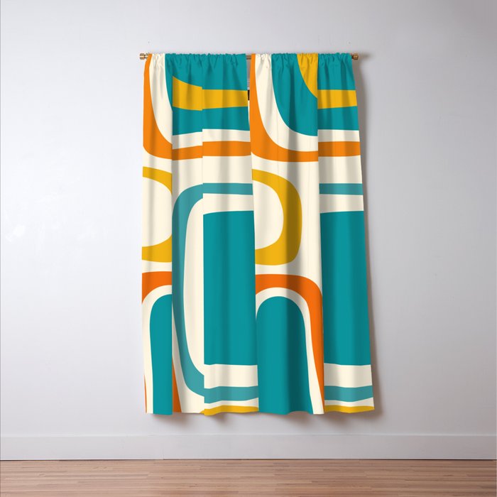 Palm Springs Mid Century Modern Abstract Pattern Orange Mustard Teal Cream Window Curtain Gallery Image 3