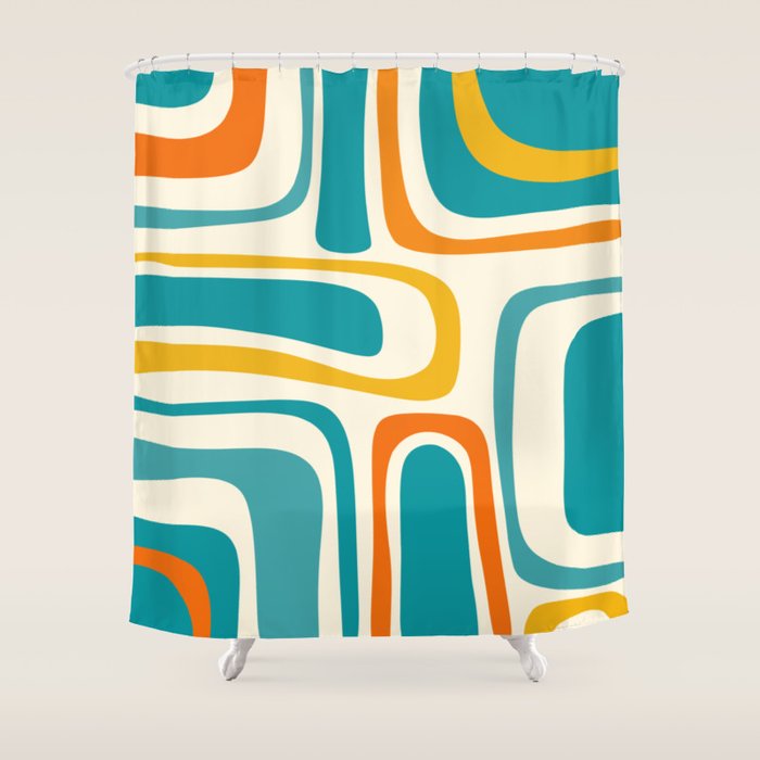 Palm Springs Mid Century Modern Abstract Pattern Orange Mustard Teal Cream Shower Curtain Gallery Image 1