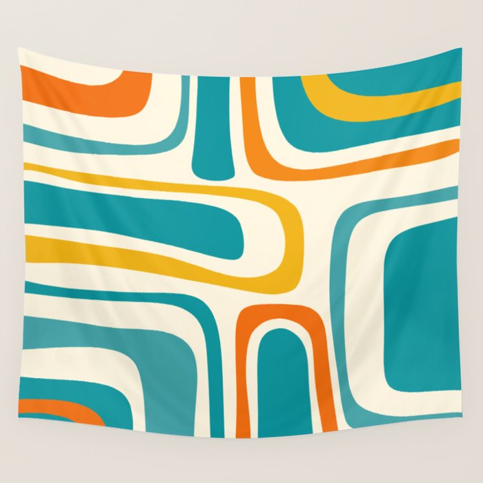 Palm Springs Mid Century Modern Abstract Pattern Orange Mustard Teal Cream Wall Tapestry Gallery Image 1