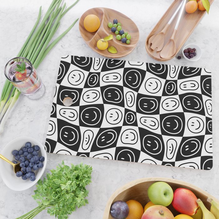 Black and white happy face checkered pattern Cutting Board Gallery Image 2