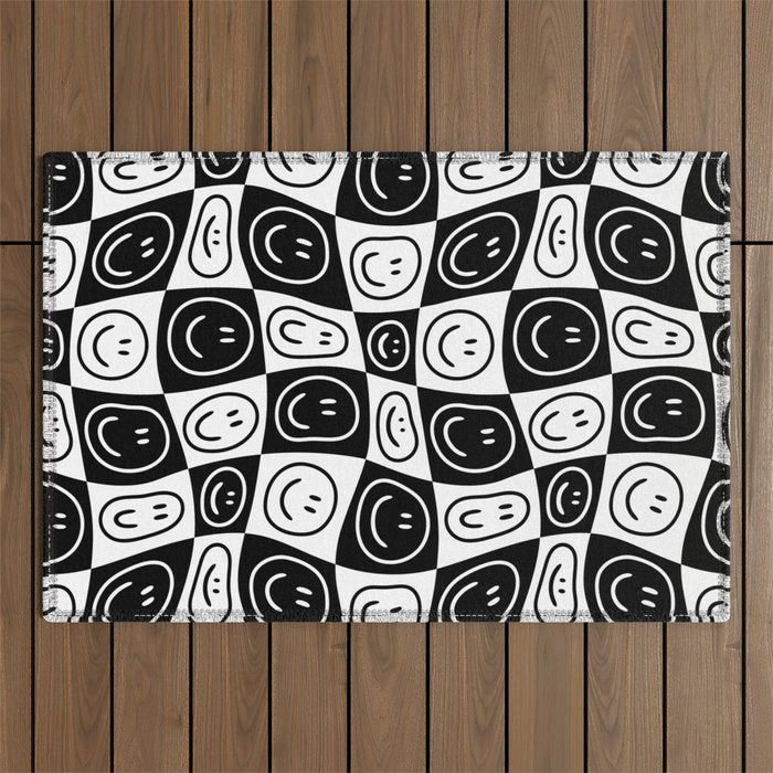 Black and white happy face checkered pattern Outdoor Rug Gallery Image 1