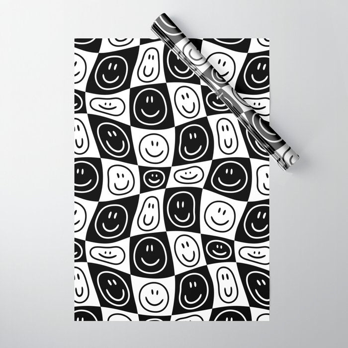Black and white happy face checkered pattern Wrapping Paper Gallery Image 1