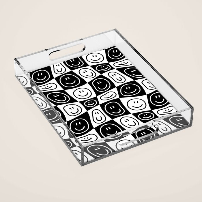 Black and white happy face checkered pattern Acrylic Tray Gallery Image 1