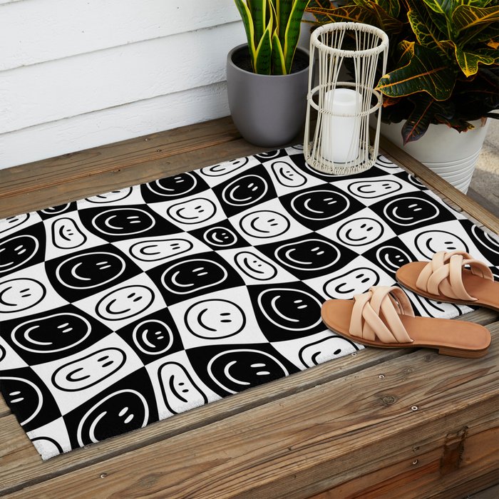 Black and white happy face checkered pattern Outdoor Rug Gallery Image 2