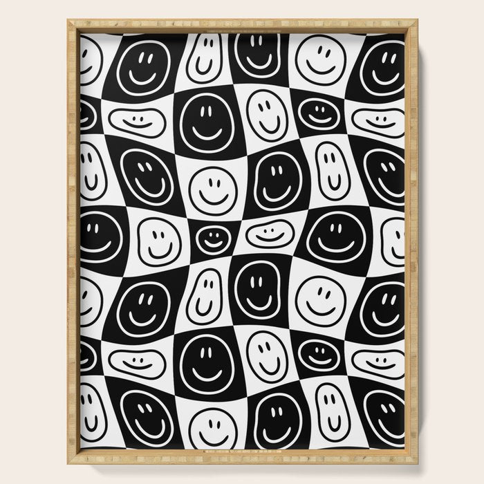 Black and white happy face checkered pattern Serving Tray Gallery Image 1