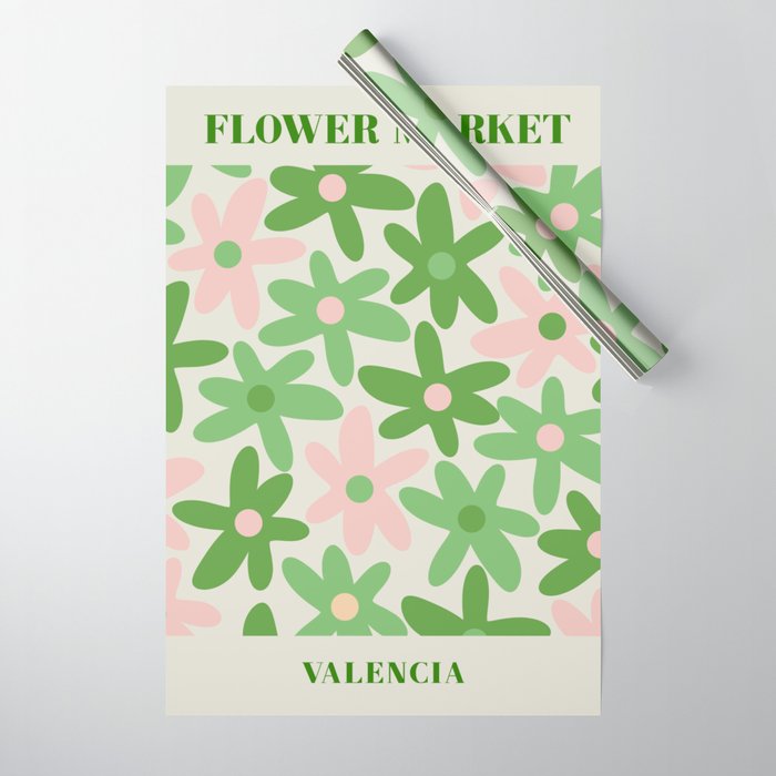Flower Market Valencia Cute Retro Modern Floral Lime Green and Light Pink Wrapping Paper Gallery Image 1