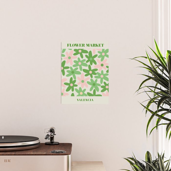 Flower Market Valencia Cute Retro Modern Floral Lime Green and Light Pink Poster Gallery Image 2