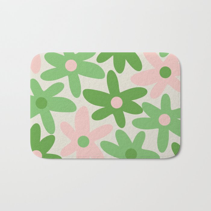 Flower Market Valencia Cute Retro Modern Floral Lime Green and Light Pink Bath Mat Gallery Image 1