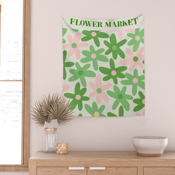 Flower Market Valencia Cute Retro Modern Floral Lime Green and Light Pink Wall Tapestry Gallery Image 2
