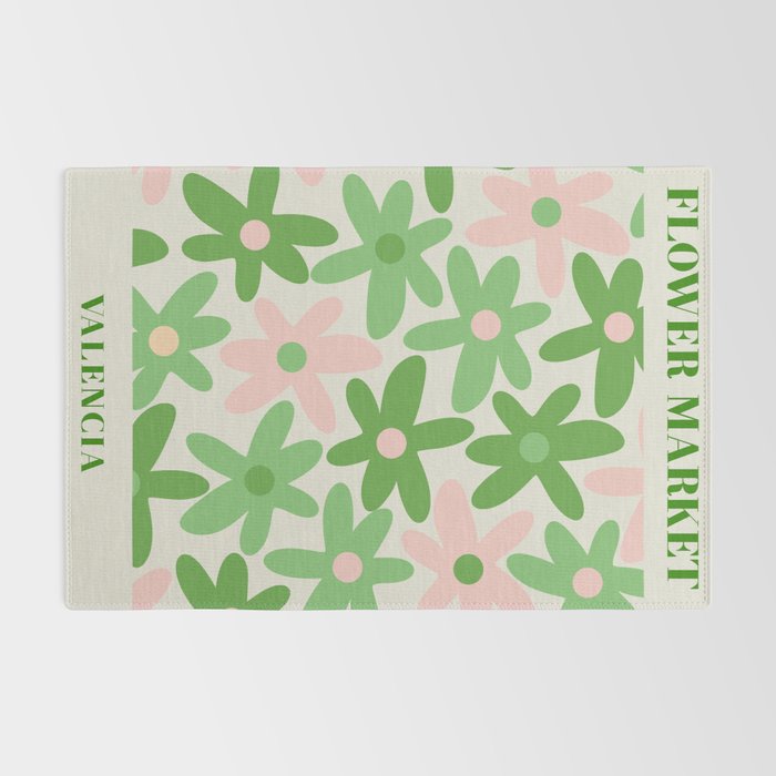 Flower Market Valencia Cute Retro Modern Floral Lime Green and Light Pink Rug Gallery Image 2