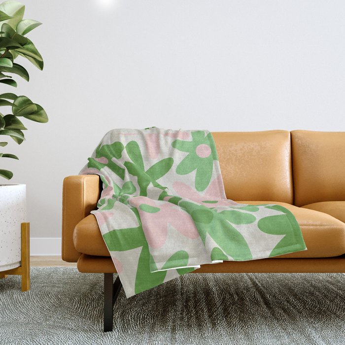 Flower Market Valencia Cute Retro Modern Floral Lime Green and Light Pink Throw Blanket Gallery Image 1