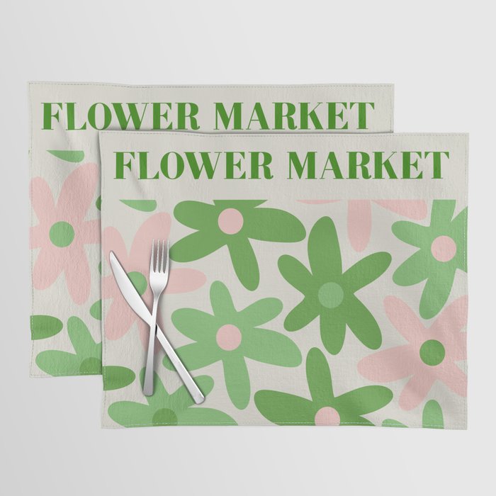 Flower Market Valencia Cute Retro Modern Floral Lime Green and Light Pink Placemat Gallery Image 1